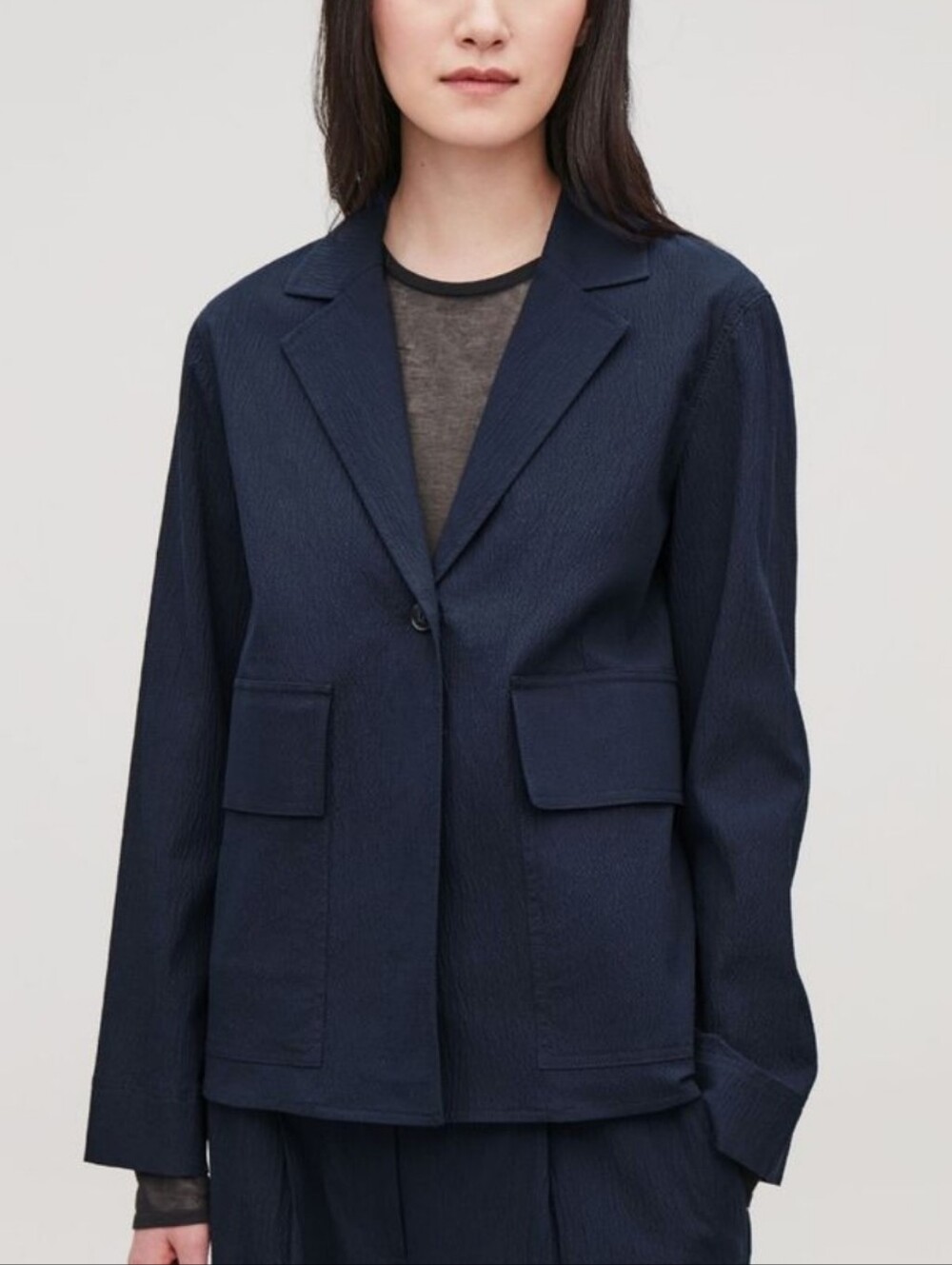 COS Cotton Seersucker Blazer Jacket Sz 6  Navy Blue Textured